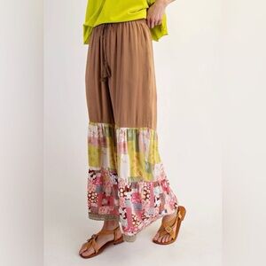 Easel Brown and Patchwork Wide Leg Pants